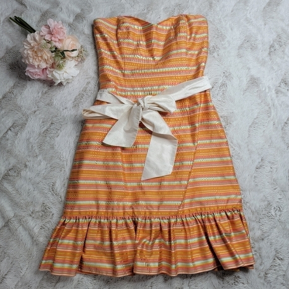 ✨️CL Britt Ryan Silk Blend Orange Stripe White Sash Strapless Ruffle Hem Dress 4 - Picture 1 of 15